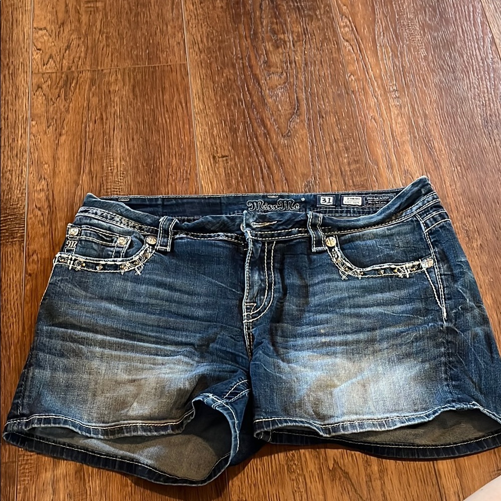 Miss Me Dark Blue Denim Shorts with Embellished Details